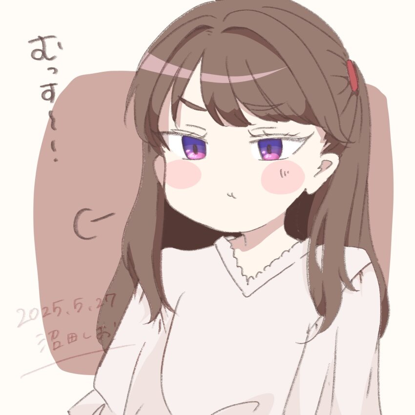 1girl :t artist_name blush blush_stickers border brown_background brown_hair commentary_request dated fujishima_megumi fujishima_megumi_(summer_casual) hair_intakes highres link!_like!_love_live! long_hair love_live! numata_shio official_alternate_costume outside_border pout puff_of_air purple_eyes shirt simple_background solo translation_request two_side_up upper_body v-neck virtual_youtuber white_border white_shirt