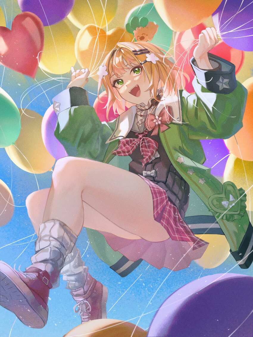 1girl :p absurdres alternate_hairstyle arms_up ass balloon blonde_hair blue_sky blush brown_cardigan cardigan commentary_request fang floating flower from_below full_body green_eyes green_jacket hair_flower hair_ornament hairclip high_tops highres holding holding_balloon hololive jacket knees_up legzy long_sleeves looking_up loose_socks medium_hair miniskirt momosuzu_nene momosuzu_nene_(casual) neckerchief nekko_(momosuzu_nene) official_alternate_costume on_head open_clothes open_jacket open_mouth outdoors oversized_jacket pink_flower plaid_clothes plaid_skirt pleated_skirt red_neckerchief red_shoes red_skirt sailor_collar shoe_soles shoes skirt sky smile sneakers socks solo teeth tongue tongue_out too_many_balloons upper_teeth_only virtual_youtuber white_sailor_collar white_socks