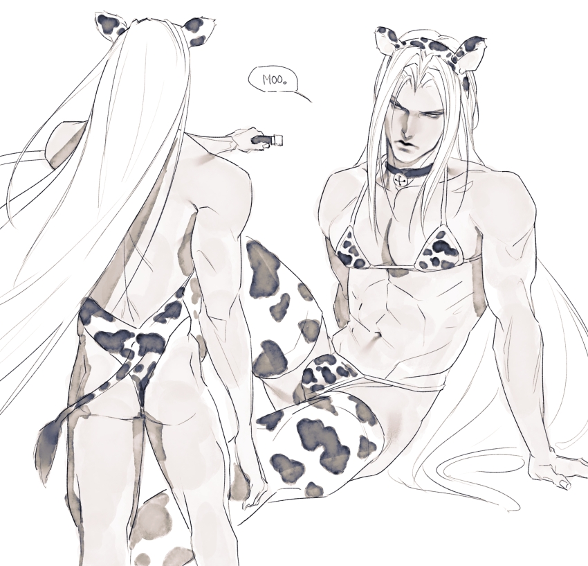 1boy abs absurdres animal_ear_headwear animal_ears animal_print arm_support arm_up backless_leotard bell bikini black_choker bulge choker commentary cow_ears cow_print cow_print_bikini cow_print_leotard cow_print_thighhighs cow_tail facing_away fake_animal_ears fake_tail final_fantasy final_fantasy_vii final_fantasy_vii_remake glaring hair_intakes hashtag-only_commentary highres holding holding_sword holding_weapon katana knee_up leotard limited_palette long_hair looking_to_the_side male_focus multiple_views navel neck_bell parted_bangs print_bikini print_thighhighs sephiroth serious shyuuwei sitting speech_bubble swimsuit sword tail thighhighs toned toned_male very_long_hair weapon white_background white_hair