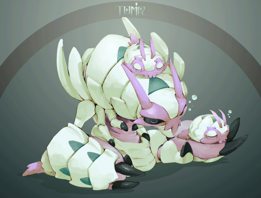 artist_name claws closed_eyes commentary_request evolutionary_line full_body gen_7_pokemon golisopod nintendo no_humans pokemon pokemon_(creature) simple_background sleeping sleeping_upright squeans toomiro wimpod