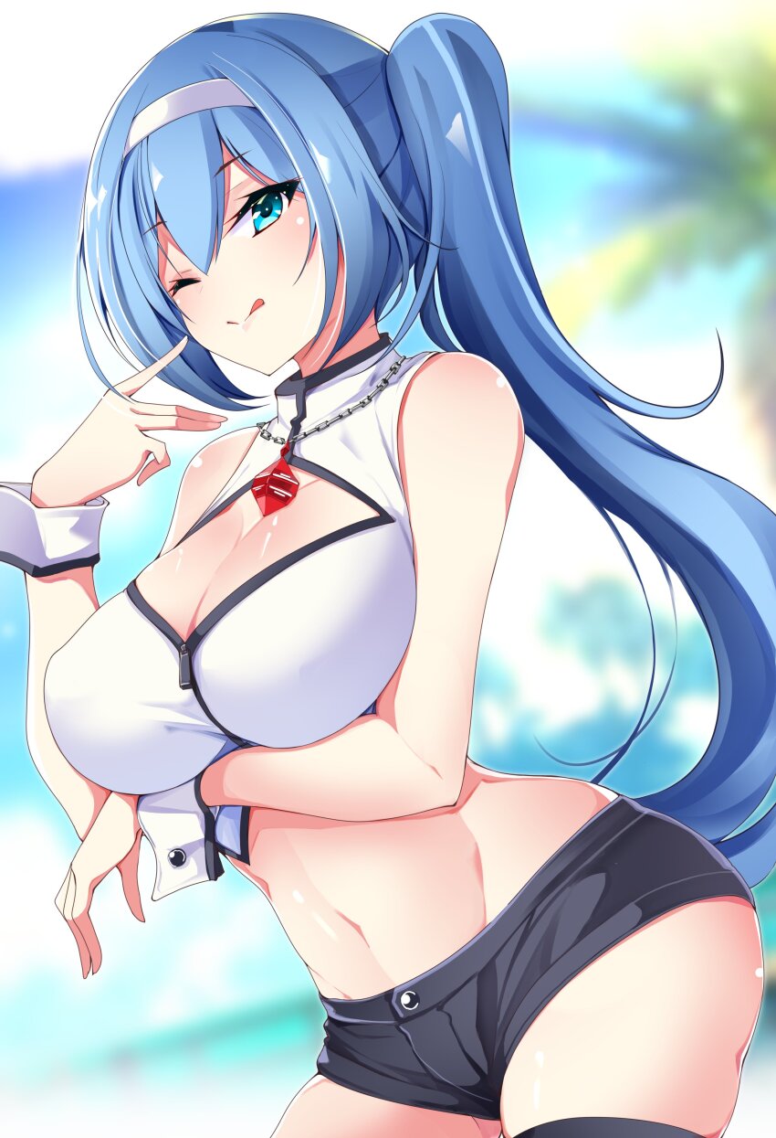 1girl ;q absurdres alyssa_(specktech) arm_under_breasts black_shorts black_thighhighs blue_eyes blue_hair blush breasts cleavage cleavage_cutout clothing_cutout commentary crop_top cropped_shirt english_commentary hair_between_eyes hairband hand_up highres large_breasts long_hair looking_at_viewer midriff mutou_kurihito navel one_eye_closed original second-party_source shirt short_shorts shorts side_ponytail sleeveless sleeveless_shirt smile solo thighhighs thighs tongue tongue_out white_wrist_cuffs wrist_cuffs zipper