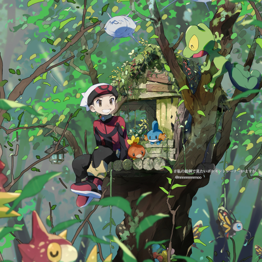 1boy beanie beautifly berry_(pokemon) black_pants blurry brendan_(pokemon) brown_eyes character_doll commentary_request day gen_3_pokemon grin hat highres jacket male_focus mimura_(nnnnnnnnmoo) mudkip nintendo outdoors pants pokemon pokemon_(creature) pokemon_rse red_footwear red_jacket shoes silcoon sitting smile teeth torchic treecko treehouse twitter_username watermark white_headwear wurmple