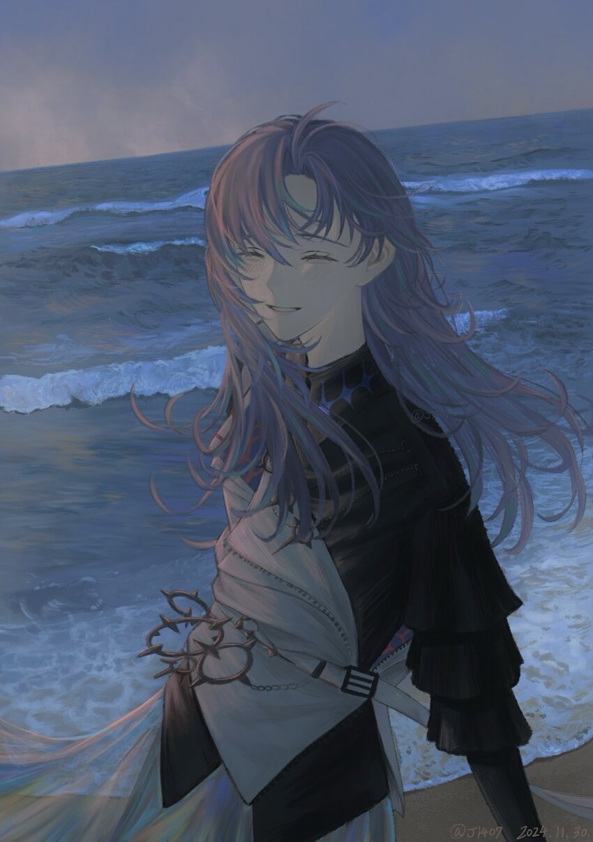 1boy absurdres beach belt black_shirt blue_hair closed_eyes collared_shirt floating_hair happy highres hoshirube_sho j14o7 long_hair long_sleeves male_focus multicolored_hair nijisanji ocean outdoors purple_hair shirt sky smile solo streaked_hair two-tone_hair virtual_youtuber white_belt