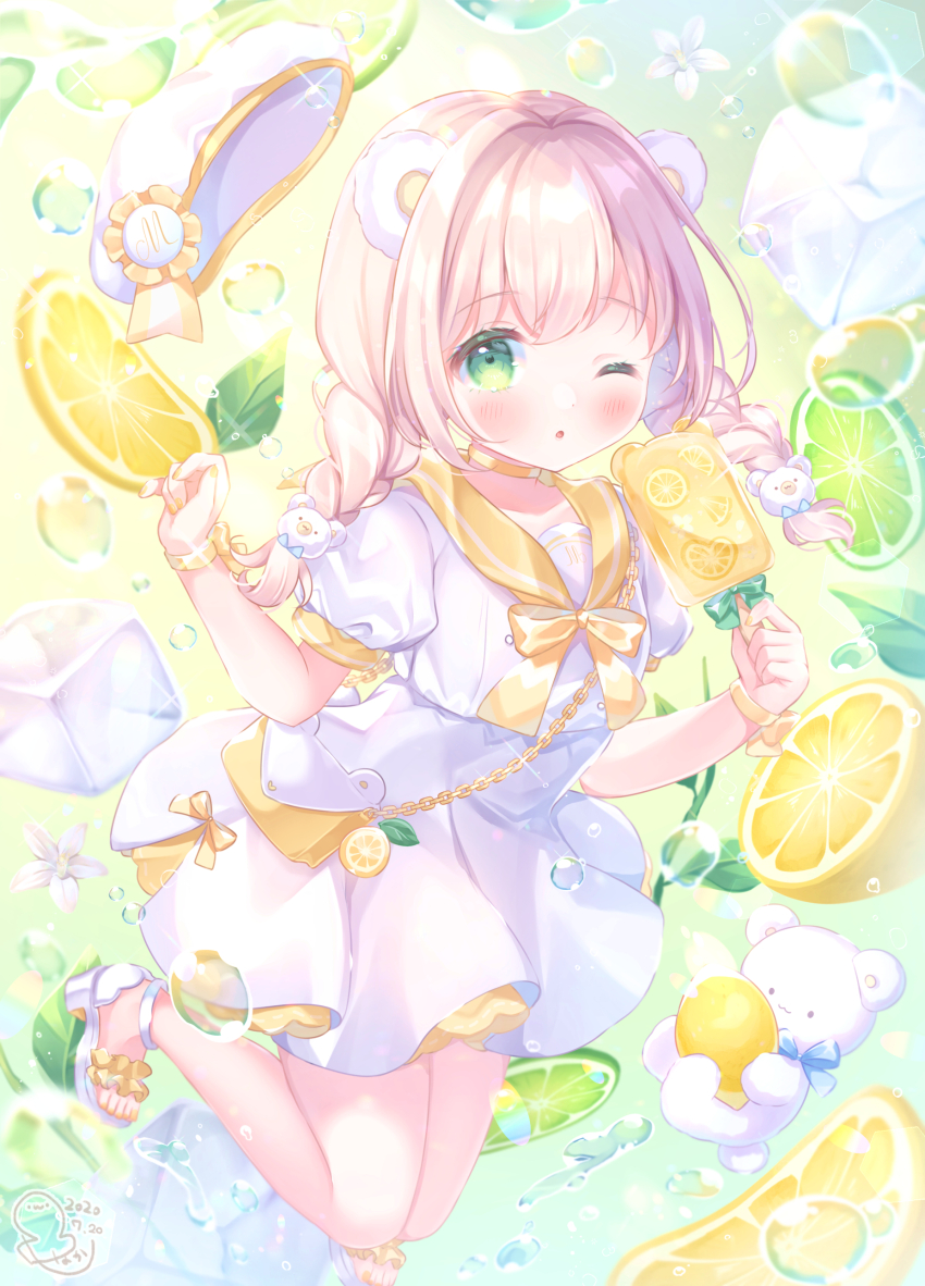 1girl :o absurdres animal_ears bag bear_ears bear_girl bear_hair_ornament beret blonde_hair blush bow bowtie braid commentary_request dated dress floating_hat flower food fruit full_body green_eyes hair_ornament handbag hat highres holding holding_food holding_ice_cream ice ice_cream ice_cube leaf lemon lime_(fruit) looking_at_viewer medium_hair nail_polish omochi_monaka one_eye_closed original parted_lips puffy_short_sleeves puffy_sleeves ribbon sailor_collar sailor_dress sandals short_sleeves signature solo stuffed_animal stuffed_toy teddy_bear twin_braids twintails white_dress white_flower white_hat white_sandals wrist_ribbon yellow_bag yellow_bow yellow_bowtie yellow_nails yellow_ribbon yellow_sailor_collar