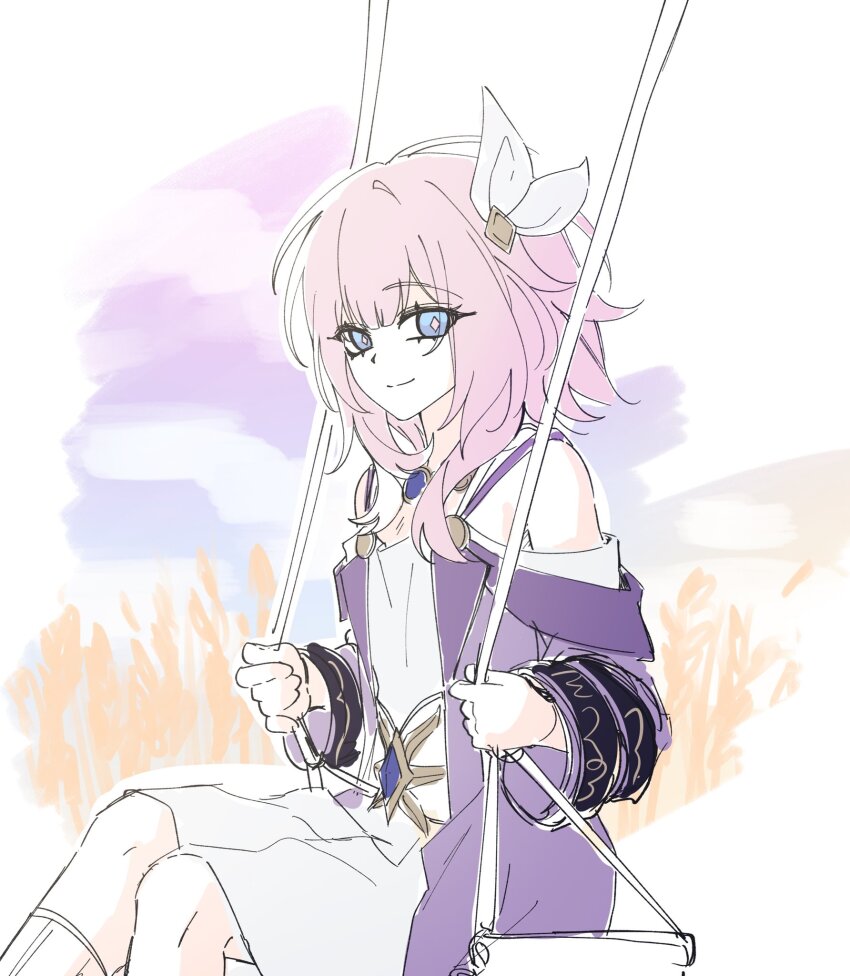 1girl blue_eyes coat cyrene_(honkai:_star_rail) dress hair_ornament highres honkai:_star_rail honkai_(series) inggang_el looking_at_viewer medium_hair multicolored_hair on_swing pink_hair pink_pupils purple_coat smile solo swing swing_set two-tone_hair wheat wheat_field white_dress white_hair