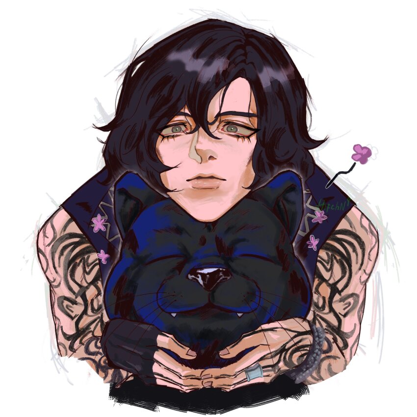 1boy absurdres animal animal_ears arm_tattoo black_cat black_fur black_gloves black_hair black_panther black_shirt bracelet cat cat_ears chin_rest closed_eyes commentary cropped_torso devil_may_cry_(series) devil_may_cry_5 english_commentary eyelashes fangs fingerless_gloves gloves green_eyes hair_between_eyes head_on_head head_rest highres ifa_(hifchn) jewelry male_focus panther ring shadow_(devil_may_cry_5) shirt simple_background single_glove sketch sleeveless sleeveless_shirt tareme tattoo tattoo_sleeve twitter_username v_(devil_may_cry) whiskers white_background