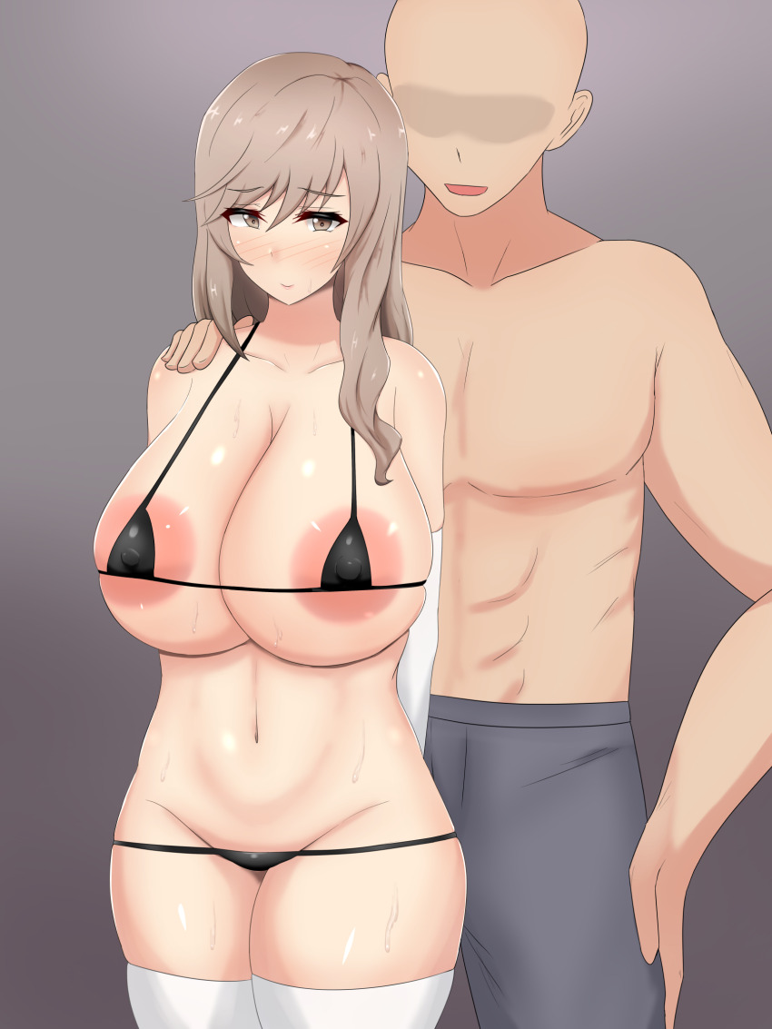 1boy 1girl bikini blush breasts brown_eyes brown_hair cleavage covered_erect_nipples elbow_gloves faceless faceless_male girls_und_panzer gloves hetero highres huge_breasts looking_at_viewer mature_female micro_bikini navel reataka saliva shimada_chiyo sweat swimsuit thighhighs topless_male