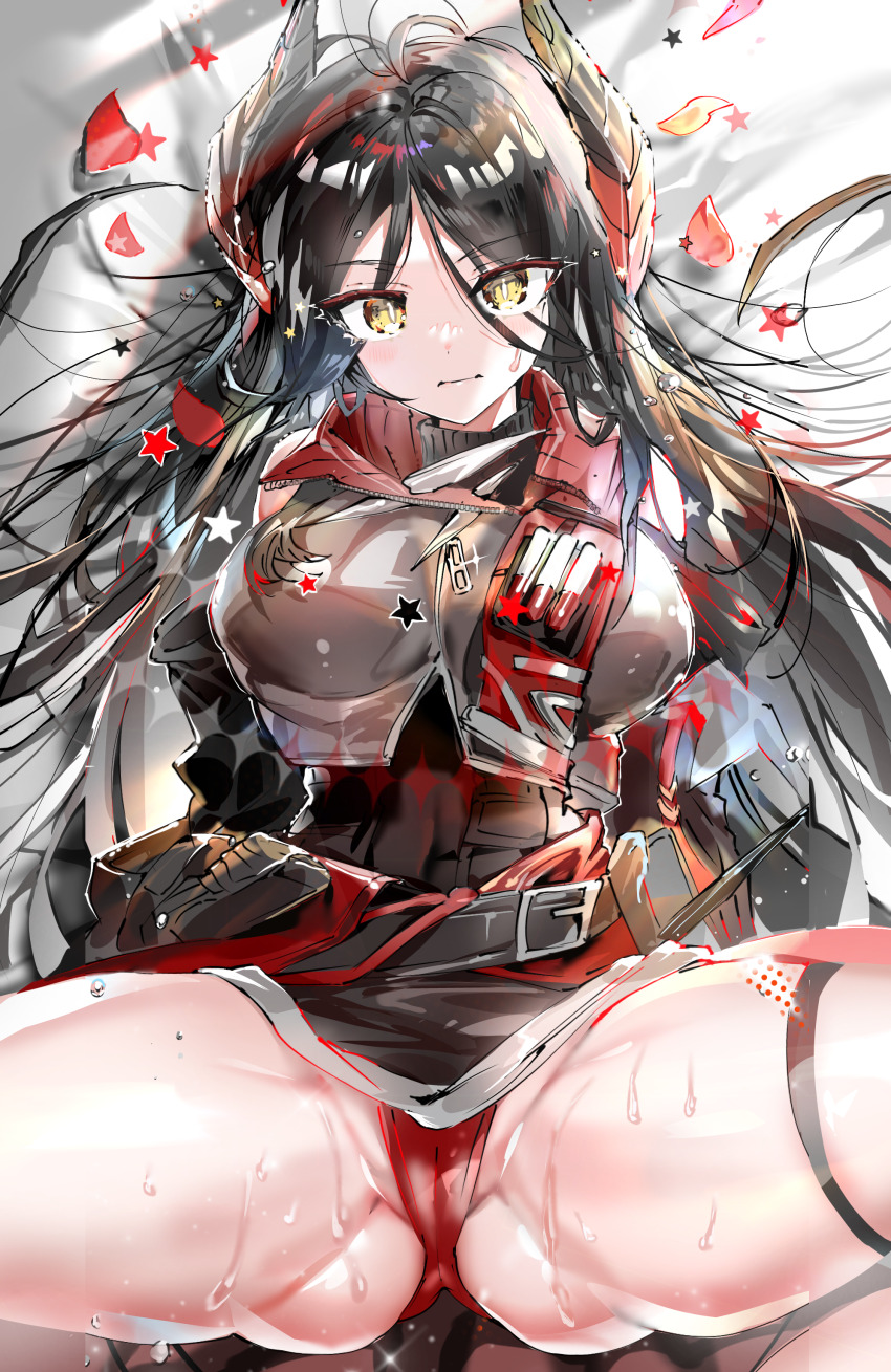 1girl absurdres arknights black_hair breasts cameltoe closed_mouth highres horns ines_(arknights) large_breasts long_hair looking_at_viewer panties red_panties solo spread_legs sweatdrop tekona0 thigh_strap underwear yellow_eyes