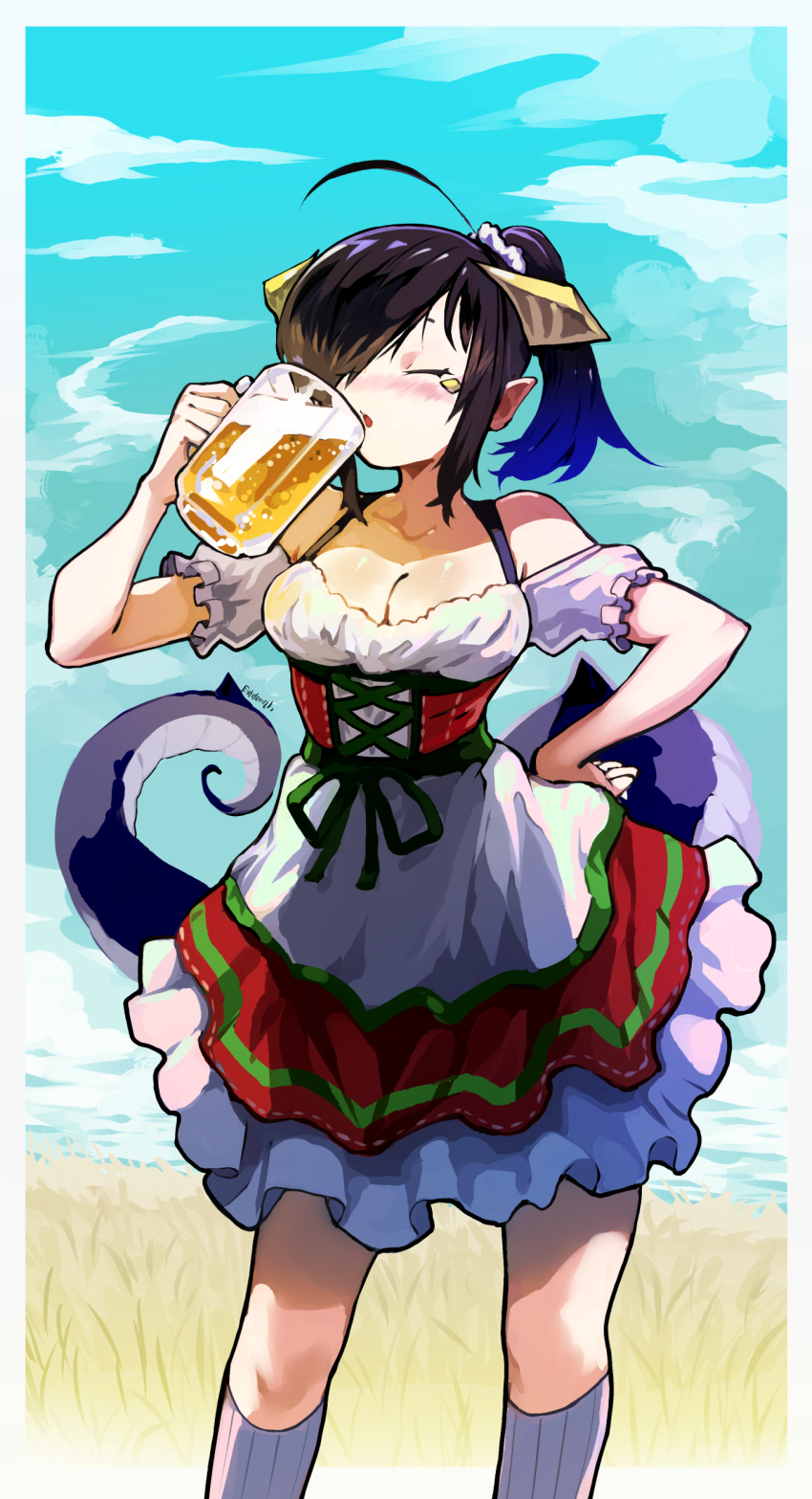 1girl absurdres ahoge alcohol armband beer beer_mug black_hair blue_sky blush border breasts cleavage clip_studio_paint_(medium) closed_eyes collarbone commentary contrapposto cup day dress eudetenis feet_out_of_frame gradient_hair grey_armband grey_socks hand_on_own_hip hand_up highres holding holding_cup horns large_breasts mug multicolored_dress multicolored_hair nose_blush open_mouth original outdoors outside_border pointy_ears ponytail ribbed_socks short_dress sky socks solo standing tail white_border