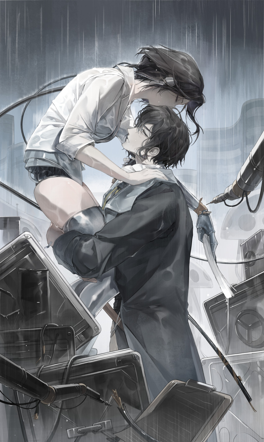 1boy 1girl absurdres android arm_around_leg artist_request black_coat black_hair brown_eyes building cable carrying carrying_over_shoulder carrying_person chin_rest closed_eyes coat commission device enigma_(reverse:1999) from_side grey_sky hand_on_another&#039;s_shoulder head_on_head head_rest highres holding holding_paper joints long_hair long_sleeves looking_at_another looking_up low_ponytail lucy_(reverse:1999) metal_skin overcast paper ponytail profile rain reverse:1999 robot_ears robot_girl robot_joints second-party_source shirt short_hair sky sleeves_pushed_up wet wet_clothes wet_shirt white_shirt