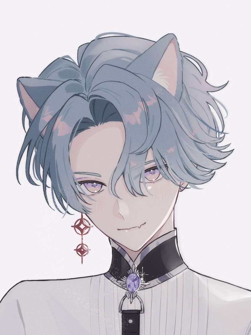 1boy animal_ear_fluff animal_ears black_leash blue_hair cat_boy cat_ears commentary curtained_hair fang freodore_(nijisanji) gem hair_between_eyes highres kemonomimi_mode leash looking_at_viewer male_focus nijisanji nijisanji_en parted_bangs pink_eyes purple_gemstone seinu_un shirt short_hair simple_background smile solo upper_body virtual_youtuber white_background white_shirt