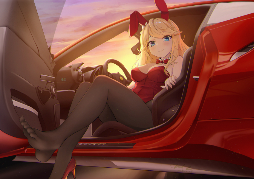1girl alternate_costume animal_ears bare_shoulders black_pantyhose blonde_hair blue_eyes blush breasts car car_door car_interior cleavage closed_mouth commentary_request ear_covers feet ferrari fritz614 gold_city_(umamusume) high_heels highres horse_ears horse_girl leotard long_hair medium_breasts motor_vehicle open_door outdoors pantyhose red_leotard red_shoes shoes single_shoe sitting smile solo steering_wheel strapless strapless_leotard umamusume