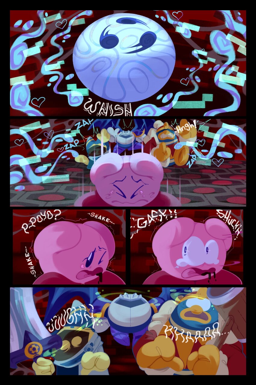 &gt;_&lt; 4boys absurdres bat_wings black_blood blank_eyes blood blood_from_mouth colored_skin commentary constricted_pupils corruption covering_head crying crying_with_eyes_open english_commentary fur-trimmed_jacket fur_trim gloves hammer hands_on_own_head highres hitodama holding holding_hammer holding_mallet holding_sword holding_weapon honeycomb_(pattern) jacket king_dedede kirby kirby_star_allies kirby_(series) magolor mallet mask meta_knight mind_control multiple_boys nintendo panicking pink_skin rayman_limbs red_footwear red_jacket scared shaking surprised sword tears the_mad_fanatic void_termina wavy_mouth weapon wings yellow_gloves