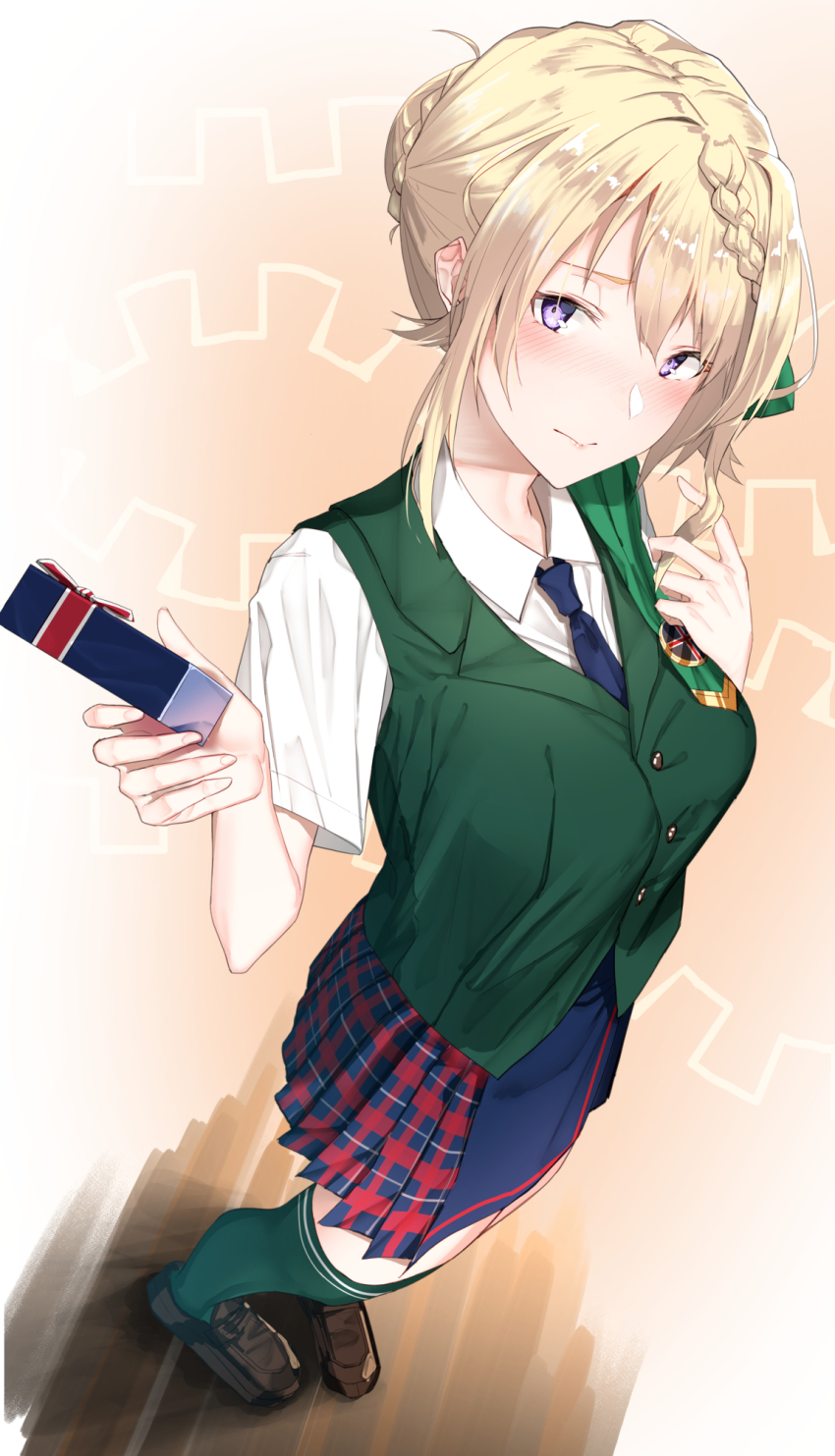 1girl bad_id bad_nicoseiga_id badge blonde_hair blue_necktie blush box braid braided_bangs braided_bun breasts brown_footwear commentary_request dress_shirt female_focus from_above full_body gift gift_box green_thighhighs green_vest hair_bun hair_ribbon highres holding holding_gift incoming_gift kantai_collection large_breasts looking_at_viewer necktie pallad perth_(kancolle) playing_with_own_hair pleated_skirt purple_eyes ribbon school_uniform shirt short_hair short_sleeves simple_background single_hair_bun skirt solo thighhighs valentine vest white_shirt