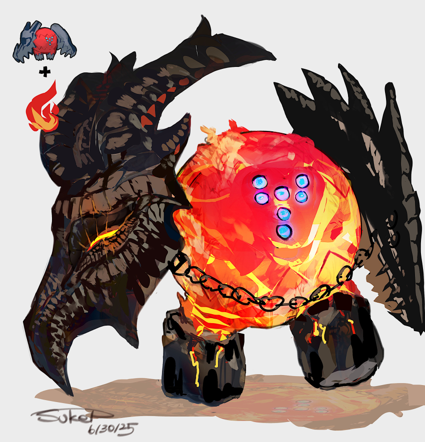 absurdres alternate_design chain commentary_request dated fire full_body gen_8_pokemon grey_background highres legendary_pokemon nintendo no_humans plus_sign pokemon pokemon_(creature) pokemon_focus regidrago shadow signature simple_background solo sukepmonster