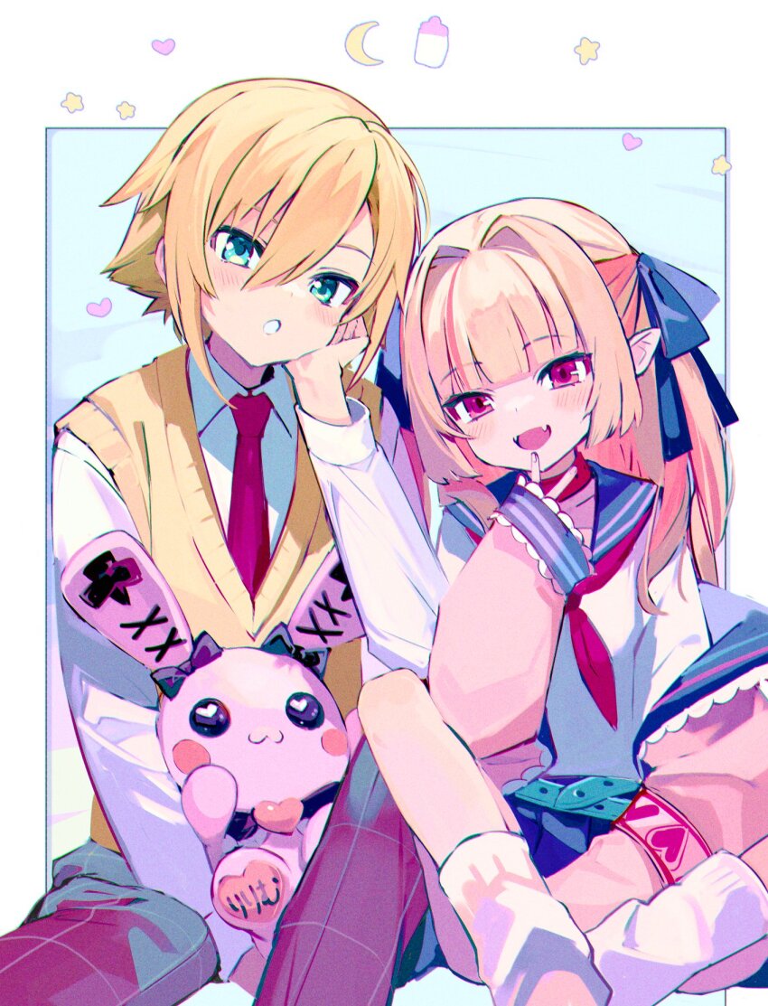 1boy 1girl belt blonde_hair blue_eyes blue_sailor_collar blue_skirt blunt_bangs brown_hair checkered_clothes checkered_pants collared_shirt fangs fuubuu hair_between_eyes hair_intakes hair_ribbon highres jacket long_sleeves looking_at_viewer makaino_ririmu makaino_ririmu_(4th_costume) multicolored_hair neckerchief nijisanji off_shoulder open_mouth pants parted_lips pink_eyes pink_hair pink_jacket pleated_skirt pointy_ears red_neckerchief ribbon sailor_collar school_uniform serafuku shirt short_hair skin_fangs skirt sleeves_past_wrists smile socks streaked_hair stuffed_animal stuffed_rabbit stuffed_toy teeth two-tone_hair two_side_up uzuki_kou uzuki_kou_(3rd_costume) vest virtual_youtuber white_socks
