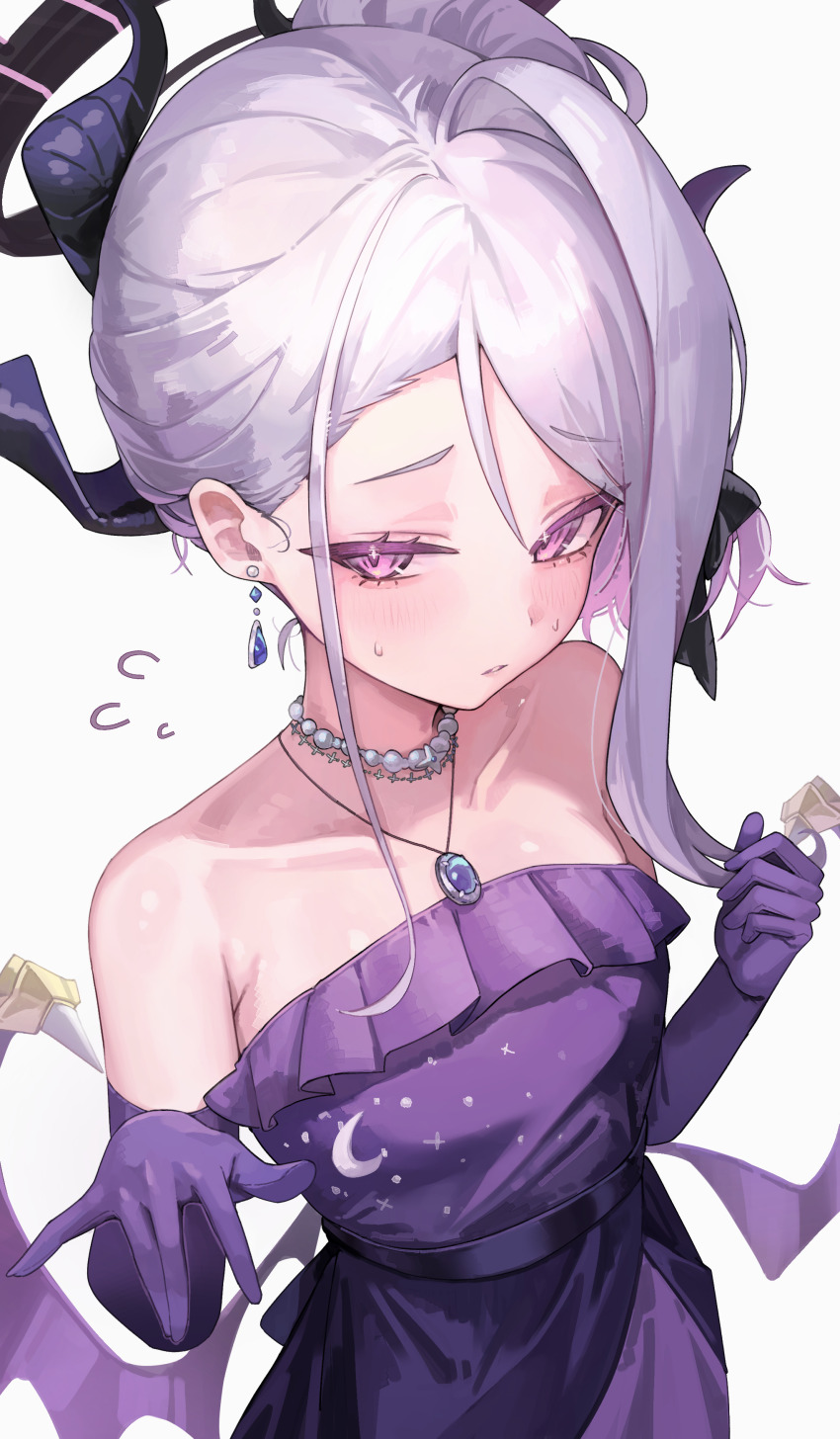 1girl absurdres bead_necklace beads black_halo black_horns blue_archive blush breasts closed_mouth collarbone commentary_request demon_horns demon_wings dress earrings elbow_gloves floating_earring flying_sweatdrops gloves halo highres hina_(blue_archive) hina_(dress)_(blue_archive) horns jewelry jun_daniell looking_at_viewer low_wings multiple_horns necklace official_alternate_costume official_alternate_hairstyle purple_dress purple_eyes purple_gloves purple_wings simple_background small_breasts solo strapless strapless_dress white_background white_hair wings