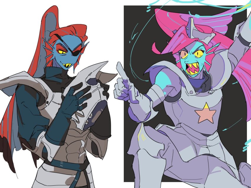 2girls armor blue_skin breastplate colored_skin cowboy_shot deltarune dual_persona eyepatch fins fish_girl gauntlets head_fins helmet high_ponytail highres holding_unworn_helmet long_hair multiple_girls no_nose one_eye_covered open_mouth pauldrons pink_hair ponytail red_hair sharp_teeth shoulder_armor slit_pupils smile teeth undertale undyne white_background yaksa_del