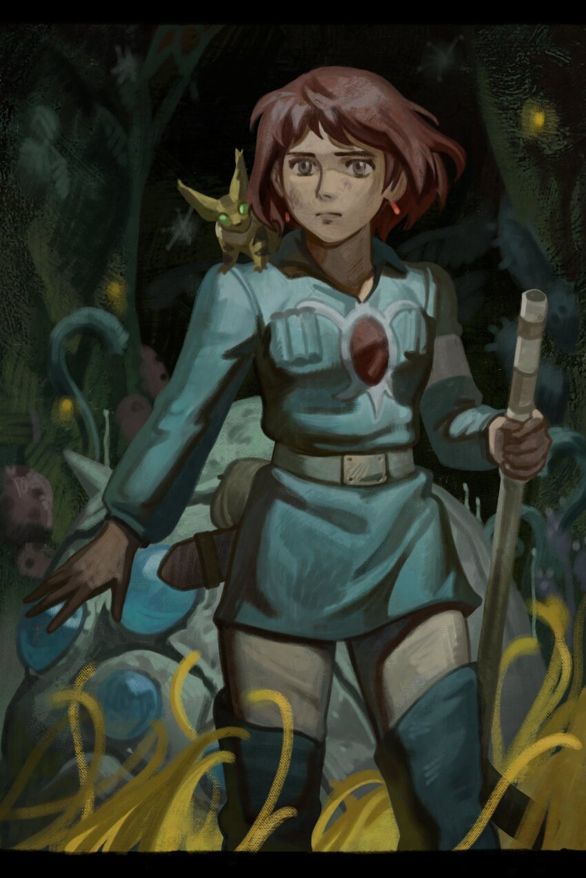 1girl absurdres belt blue_dress brown_hair closed_mouth commentary cowboy_shot dress earrings english_commentary highres holding jewelry kaze_no_tani_no_nausicaa letterboxed long_sleeves nausicaa ohmu on_shoulder pants protecting short_hair silverheather teto_(nausicaa)