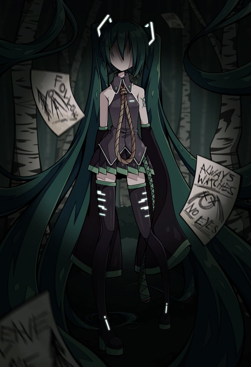 1girl aqua_boots aqua_hair black_skirt black_sleeves black_thighhighs blurry blurry_foreground boots colored_skin cosplay creepypasta detached_sleeves faceless forest grey_shirt hatsune_miku highres horror_(theme) long_hair long_sleeves motion_blur nature necktie no_mouth no_nose noose paper pov shirt shoulder_tattoo sidelocks skirt slender_man slender_man_(cosplay) slys_(jesterdysphoria) solo tattoo thighhighs twintails very_long_hair very_long_sleeves vignetting vocaloid white_skin wide_sleeves