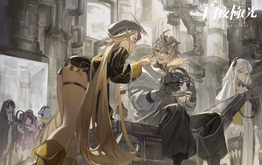 2boys 5girls alchemy_stars baggy_pants beret black_headwear black_pants black_robe black_shorts black_thighhighs blonde_hair boots carleen_(alchemy_stars) chair copyright_name dress dysis_(alchemy_stars) glasses gloves grey_gloves gronru_(alchemy_stars) hair_ornament hair_spread_out hairband hat hataya head-mounted_display highres hooded_robe index_finger_raised jacket leaning_forward long_hair looking_at_another merry_(alchemy_stars) minch_(alchemy_stars) multiple_boys multiple_girls navigator_(alchemy_stars) official_art open_mouth pants partially_fingerless_gloves pelvic_curtain robe short_hair short_shorts shorts sitting smile standing thigh_strap thighhighs very_long_hair white_hair white_jacket