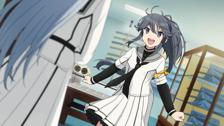 2girls :d armband ayanokouji_martial_arts_school_uniform black_neckerchief black_shirt blue_hair blurry blurry_background dutch_angle game_cg grey_eyes grey_hair grey_sailor_collar indoors katana kitora_mirja long_hair long_skirt long_sleeves looking_at_another multiple_girls neckerchief non-web_source open_mouth pink_pupils pleated_skirt ponytail sailor_collar school_uniform shirt shirt_under_shirt sidelocks skirt smile solo_focus standing sword table teeth toji_no_miko toji_no_miko:_kizamishi_issen_no_tomoshibi upper_teeth_only very_long_hair weapon white_shirt white_skirt winter_uniform yamashiro_yui yellow_armband