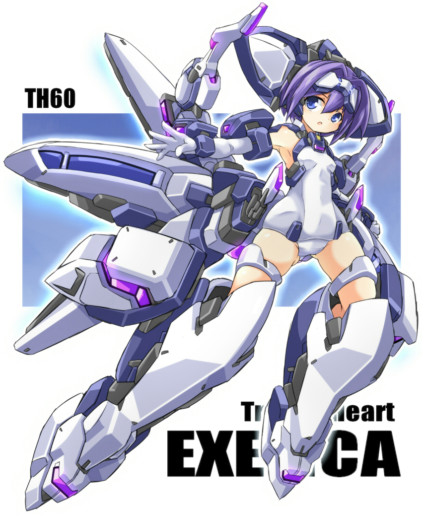 1girl armored_boots blue_eyes boots elbow_gloves exelica flat_chest gloves hair_between_eyes headgear highres karukan_(monjya) leotard mecha_musume one-piece_swimsuit purple_hair short_hair simple_background solo swimsuit thigh_strap trigger_heart_exelica white_one-piece_swimsuit