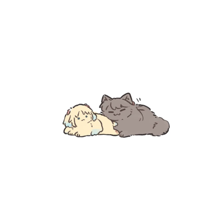 :3 animal_focus animalization ao_kaeru blue_eyes cat closed_mouth commentary_request dog flower fujishima_megumi hair_flower hair_ornament highres link!_like!_love_live! love_live! mira-cra_park! motion_lines negative_space no_humans osawa_rurino pink_flower simple_background twintails two_side_up virtual_youtuber white_background