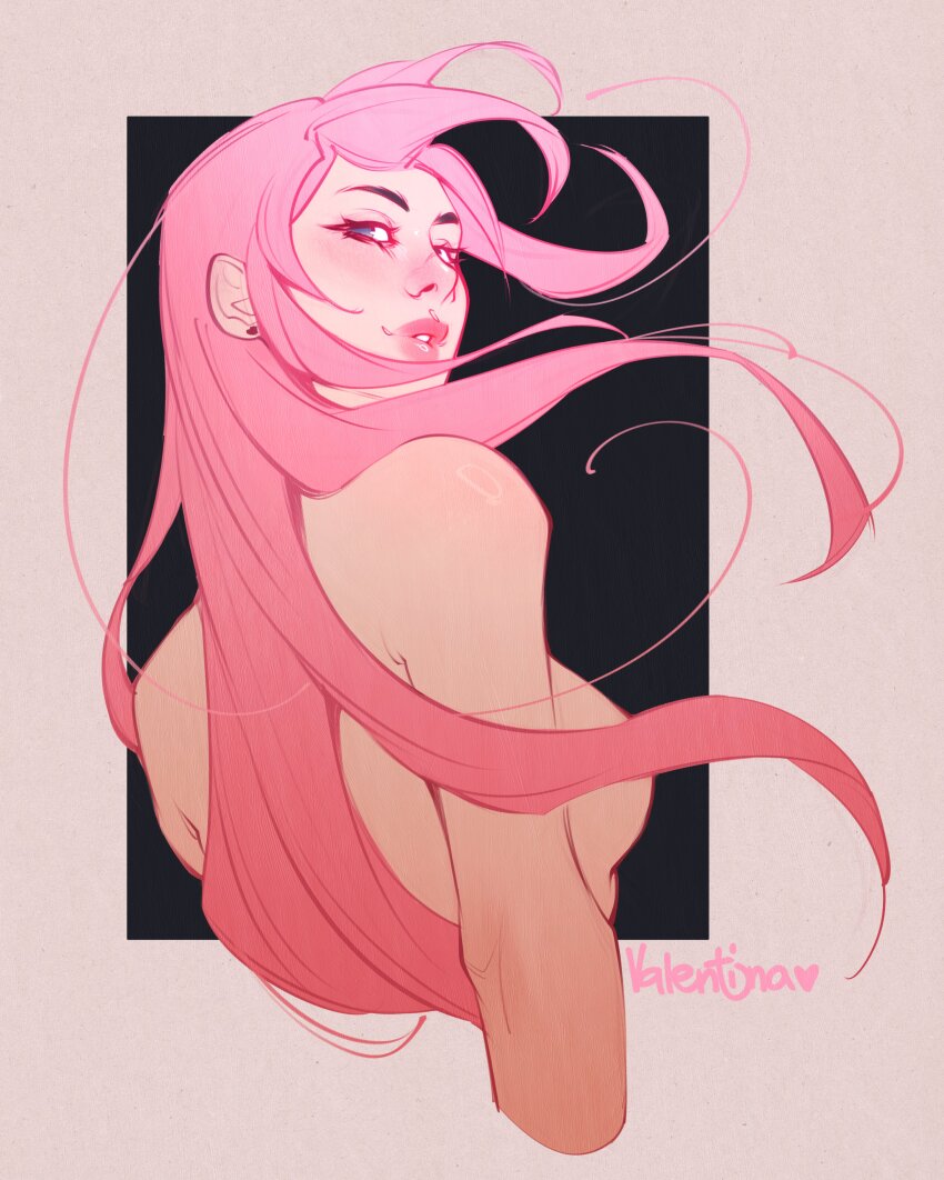1girl absurdres artist_name blue_eyes breasts highres long_hair looking_at_viewer medium_breasts original pink_hair signature solo topless_female upper_body valentina_tavolilla