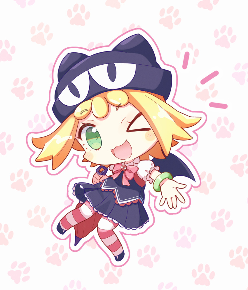 &gt;_o 1girl :3 amitie_(puyopuyo) amitie_(stylish)_(puyopuyo) animal_hat bat_wings black_skirt blonde_hair blush_stickers bow bracelet cat_hat chibi closed_umbrella full_body green_eyes hat highres holding holding_umbrella jazz_grace jewelry looking_at_viewer one_eye_closed open_mouth pantyhose paw_print pink_bow puyo_(puyopuyo) puyopuyo puyopuyo_fever puyopuyo_quest short_hair skirt solo striped_clothes striped_pantyhose umbrella wings
