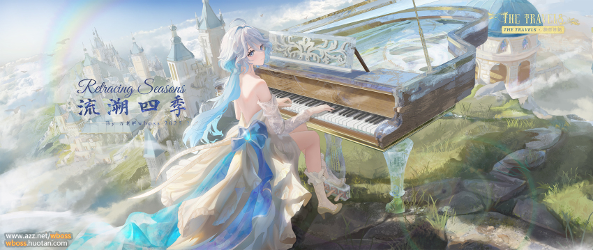 1girl ahoge alternate_costume artist_name bare_shoulders bird blue_bow blue_eyes blue_gemstone blue_hair blue_pupils bow chinese_commentary chinese_text cloud collarbone commentary commentary_request dated detached_sleeves dress drop-shaped_pupils english_commentary english_text from_side furina_(genshin_impact) gem genshin_impact grand_piano high_heels highres instrument long_hair mixed-language_commentary mixed-language_text multicolored_hair music outdoors piano playing_instrument rainbow sky solo strapless strapless_dress symbol-shaped_pupils very_long_hair watermark wboss web_address white_dress white_hair white_sleeves