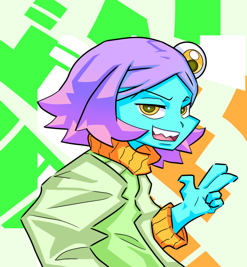 1girl absurdres blue_skin colored_skin highres midori_(uchuu_patrol_luluco) open_mouth purple_hair self-upload sharp_teeth short_hair solo teeth third_eye turtleneck uchuu_patrol_luluco upper_body yellow_eyes