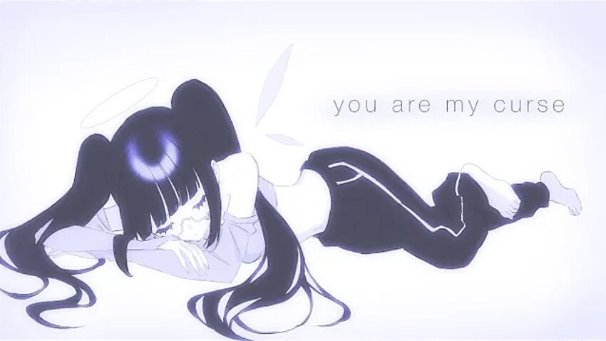1girl bare_shoulders barefoot black_hair black_pants blunt_bangs closed_eyes closed_mouth commentary crop_top detached_sleeves english_commentary glasses halo highres long_hair lying navel on_stomach original pants purple_shirt purple_sleeves shirt sidelocks simple_background sleeping song_name teyuruun track_pants twintails white-framed_eyewear white_background you_are_my_curse_(nyamura)