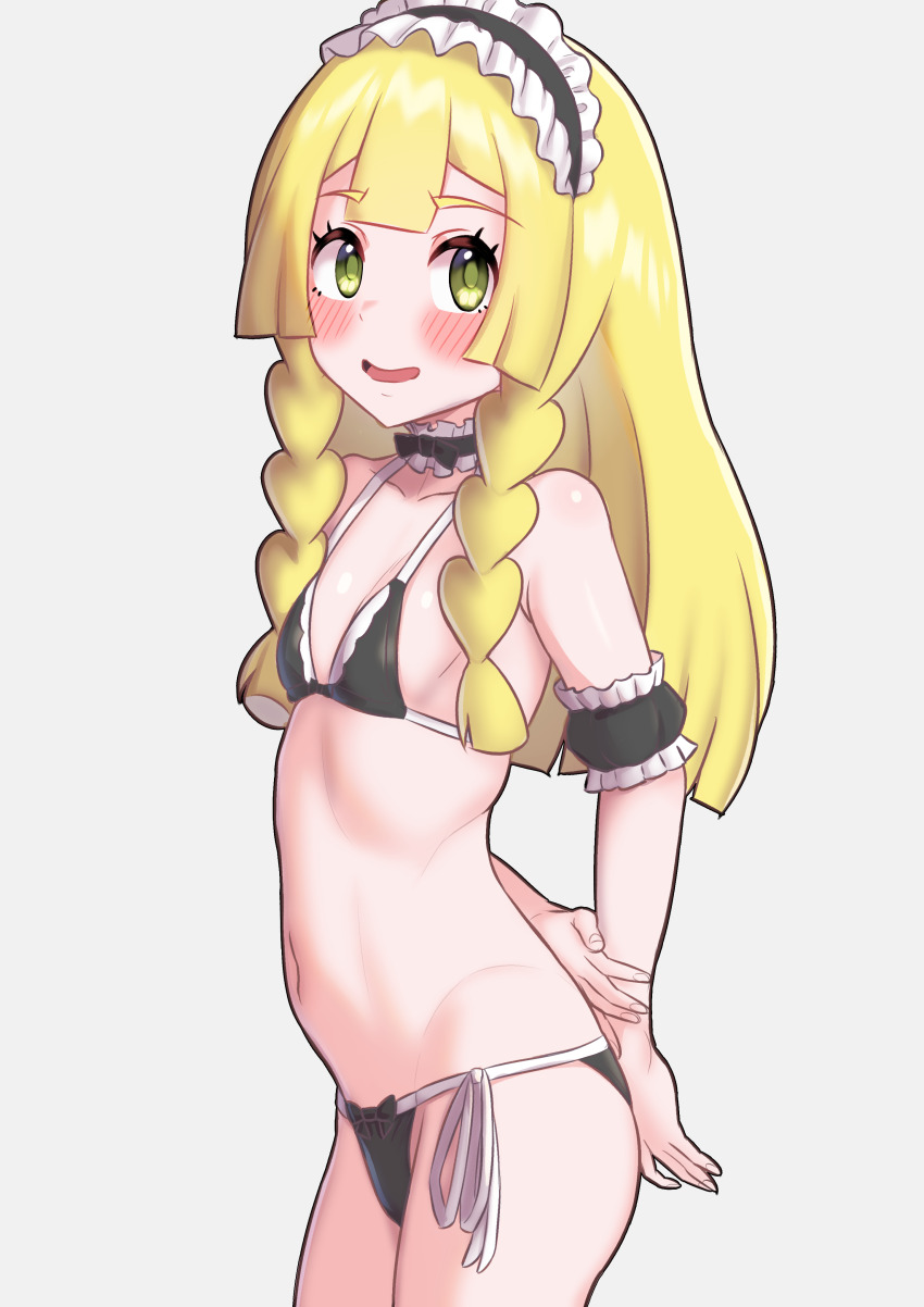 1girl :d absurdres alternate_costume arm_garter bikini black_arm_garter black_bikini blonde_hair blush breasts collarbone commentary_request eyelashes green_eyes gupunetsu highres lillie_(pokemon) long_hair maid maid_bikini maid_headdress neck_garter nintendo open_mouth pokemon pokemon_sm side-tie_bikini_bottom simple_background smile solo swimsuit unconventional_maid