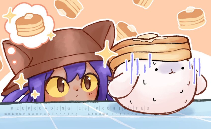 1other androgynous blue_hair brown_eyes colored_sclera food imo_mo_0 niko_(oneshot) oneshot_(game) pancake pancake_bunny_(omori) pancake_stack rabbit short_hair solo sparkle speech_bubble thought_bubble watermark yellow_sclera