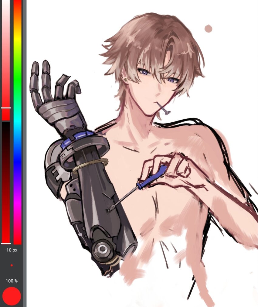 1boy art_program_in_frame blue_eyes brown_hair collarbone commentary_request cropped_torso highres holding holding_screwdriver jhenny345 male_focus mechanical_arms mechanical_hands mouth_hold nude screw screwdriver single_mechanical_arm single_mechanical_hand solo spanish_commentary unfinished white_background wuthering_waves xiangli_yao_(wuthering_waves)