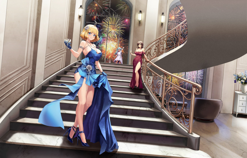 3girls ahoge alcohol armlet bare_shoulders black_shoes blonde_hair blue_dress blue_eyes blue_flower blue_gloves blue_hair blue_ribbon blue_shoes blush bracelet breasts brown_hair carpet champagne cleavage closed_mouth coffee_table collarbone constantia_s2 couch cup d-log dress drinking_glass dutch_angle fireworks flower flower_eyepatch full_body gloves green_eyes griffon_(last_origin) hair_between_eyes hair_flower hair_ornament hair_ribbon half-skirt halter_dress halterneck heart heart-shaped_pupils high_heels highres holding holding_cup indoors jewelry knees_together_feet_apart lamp large_breasts last_origin light_blue_hair long_dress long_hair long_skirt looking_at_viewer lrl_(last_origin) multiple_girls necklace night official_alternate_costume official_art on_stairs open_mouth patent_heels puffy_short_sleeves puffy_sleeves pumps red_dress red_flower ribbon rose shoes short_hair short_sleeves short_twintails side_slit sideboob skirt skirt_hold sleeveless sleeveless_dress smile solo stairs standing stiletto_heels strapless strapless_dress symbol-shaped_pupils table tachi-e teeth third-party_source twintails upper_teeth_only vase waving white_dress white_flower white_ribbon white_rose window yellow_eyes