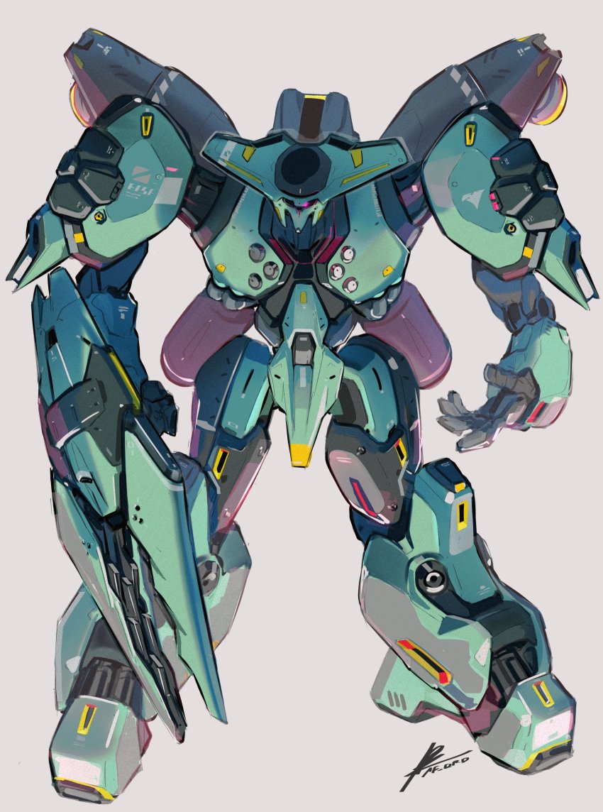 afukuro beige_background bolinoak_sammahn clenched_hand gundam highres leaning_forward looking_at_viewer mecha one-eyed open_hand pink_eyes robot science_fiction shield solo thrusters zeta_gundam
