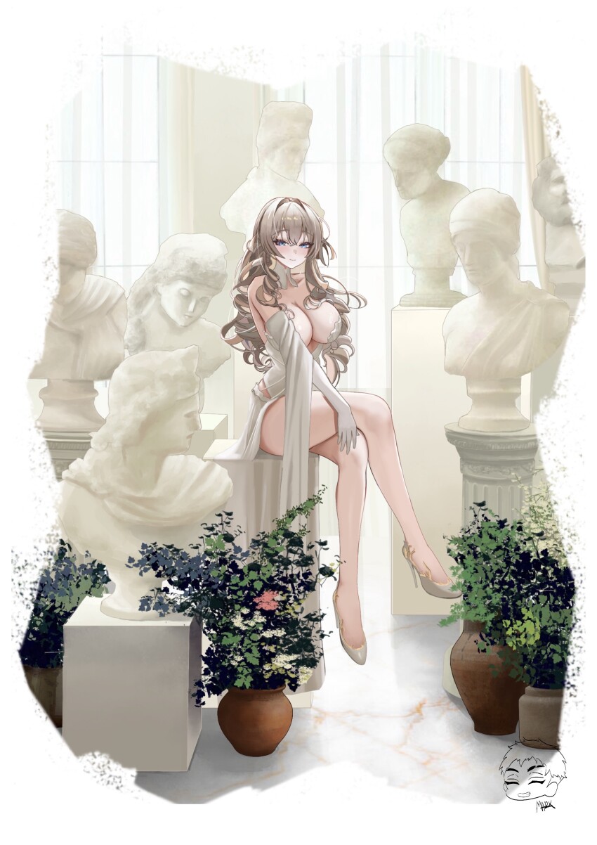 1girl absurdres alternate_costume bare_legs blonde_hair blue_eyes breasts bust_(sculpture) cleavage commentary crossed_legs crown_(nikke) danny_marx dress goddess_of_victory:_nikke high_heels highres large_breasts long_hair plant potted_plant sitting solo white_dress