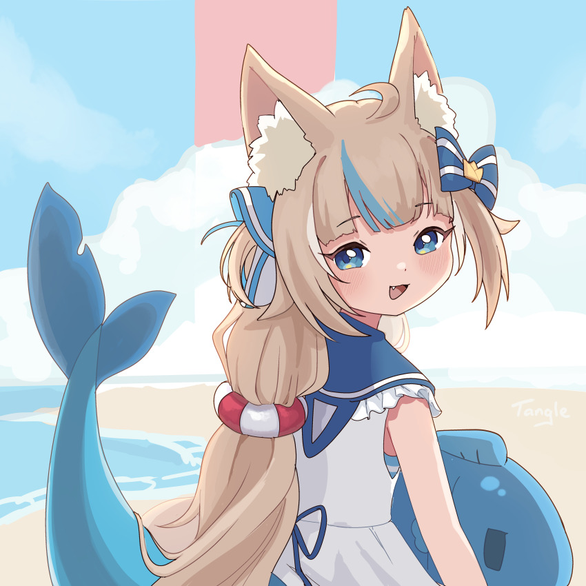1girl absurdres ahoge animal_ear_fluff beach blonde_hair blue_eyes blue_hair blue_sky dress fang highres indie_virtual_youtuber lighthouse looking_at_viewer multicolored_hair one_side_up open_mouth sameko_saba sameko_saba_(fish) sand sky sleeveless sleeveless_dress smile solo streaked_hair tangle_(pixiv102660396) virtual_youtuber white_dress