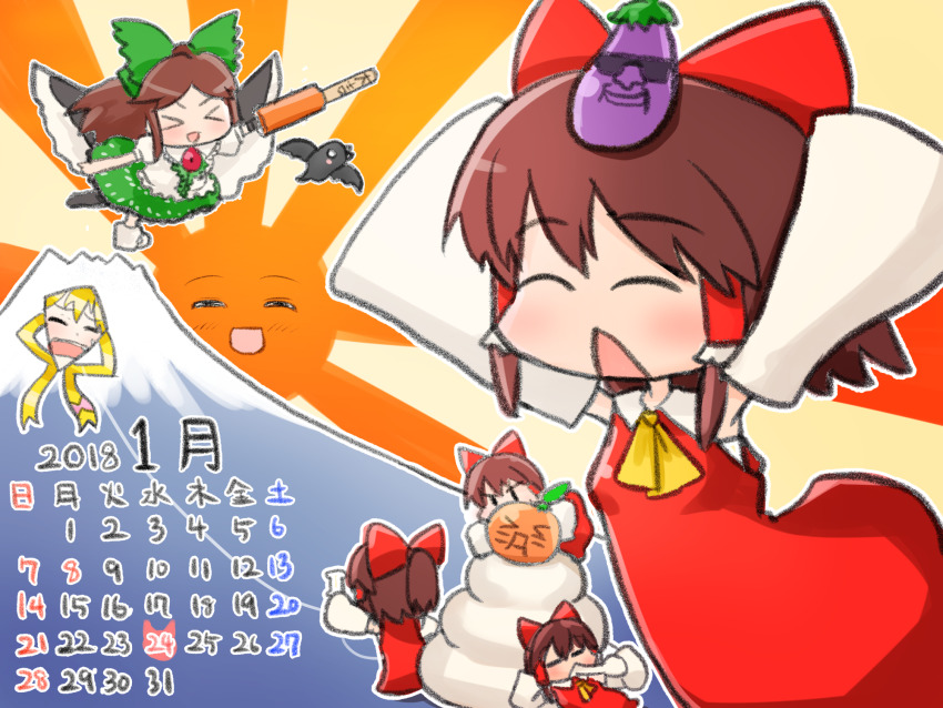 &gt;_&lt; 2018 6+girls ascot bird bird_wings black_eyes blush bow brown_hair calendar_(medium) closed_eyes commentary_request cookie_(touhou) crow cup detached_sleeves dress eggplant full_body green_bow green_shirt hair_bow hakurei_reimu highres january kirisame_marisa kite long_hair manatsu_no_yo_no_inmu mini_person minigirl mount_fuji mug multiple_girls nadeko_(cookie) open_mouth otemoto_(baaaaloooo) ponytail red_bow red_dress reiuji_utsuho reu_(cookie) sakenomi_(cookie) shirt short_hair sleeveless sleeveless_dress sleeves_past_fingers sleeves_past_wrists smile takuya_(acceed) touhou triangle_mouth uzuki_(cookie) white_sleeves wings yellow_ascot