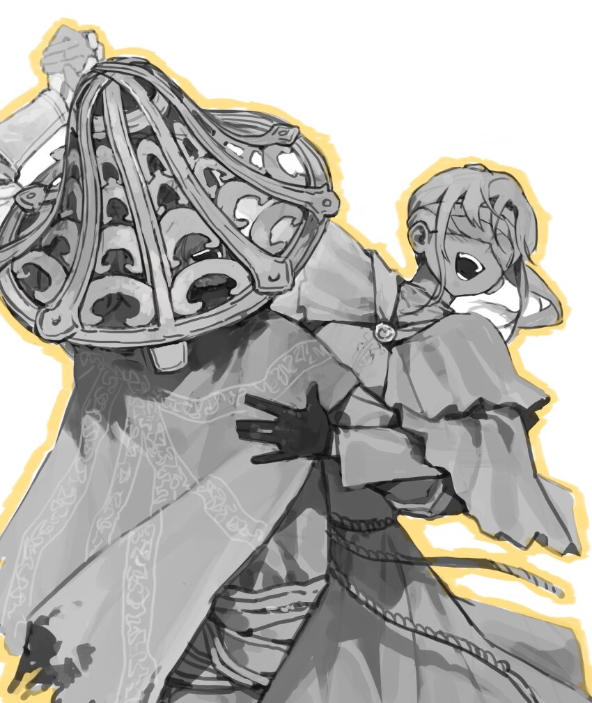 1boy 1girl absurdres blindfold bloody_finger_hunter_yura cape commentary dancing dress elden_ring english_commentary finger_maiden_hyetta gloves highres long_hair monochrome open_mouth ponytail roningasa sadoseja854000 shabriri_(elden_ring) teeth torn_cape torn_clothes