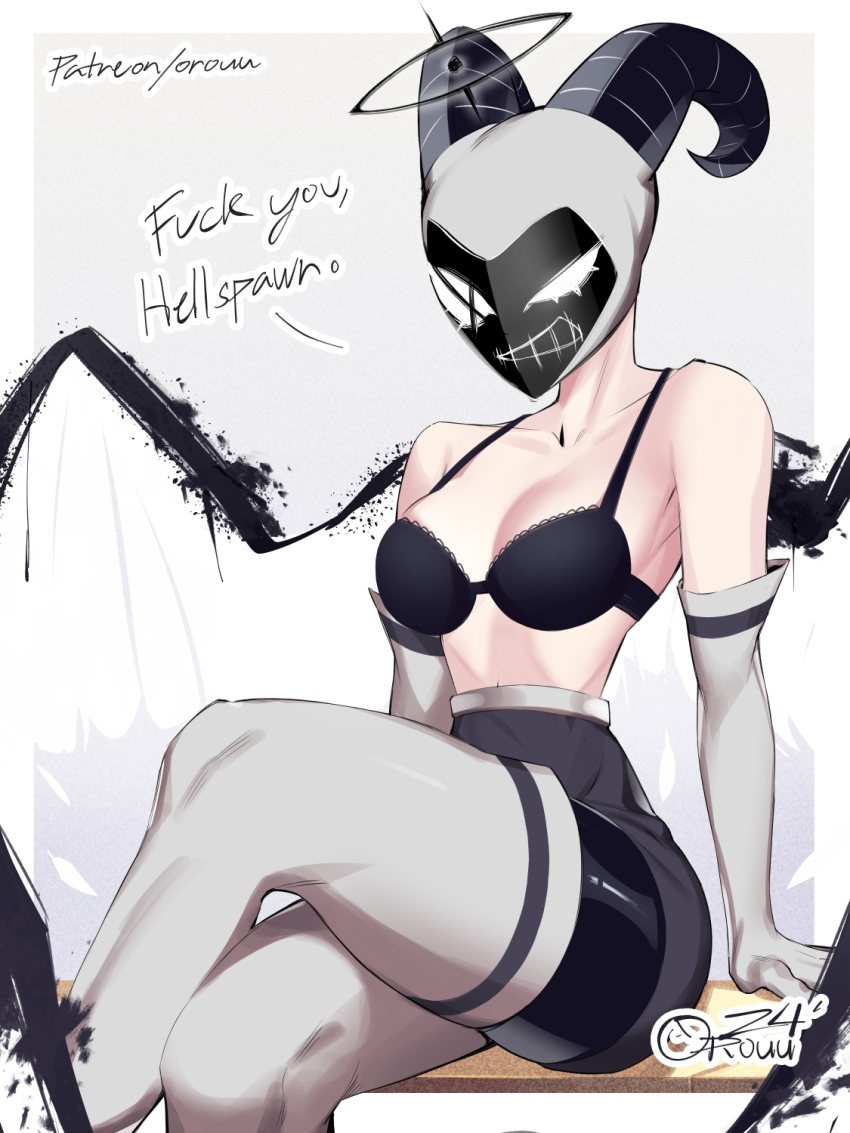 1girl angel angel_wings arm_support black_bra black_halo boots bra breasts cleavage crossed_legs elbow_gloves english_text gloves halo hazbin_hotel high-waist_pants highres horned_mask horns looking_at_viewer lute_(hazbin_hotel) mask orouu paid_reward_available pants profanity sitting solo thigh_boots thighhighs underwear wings
