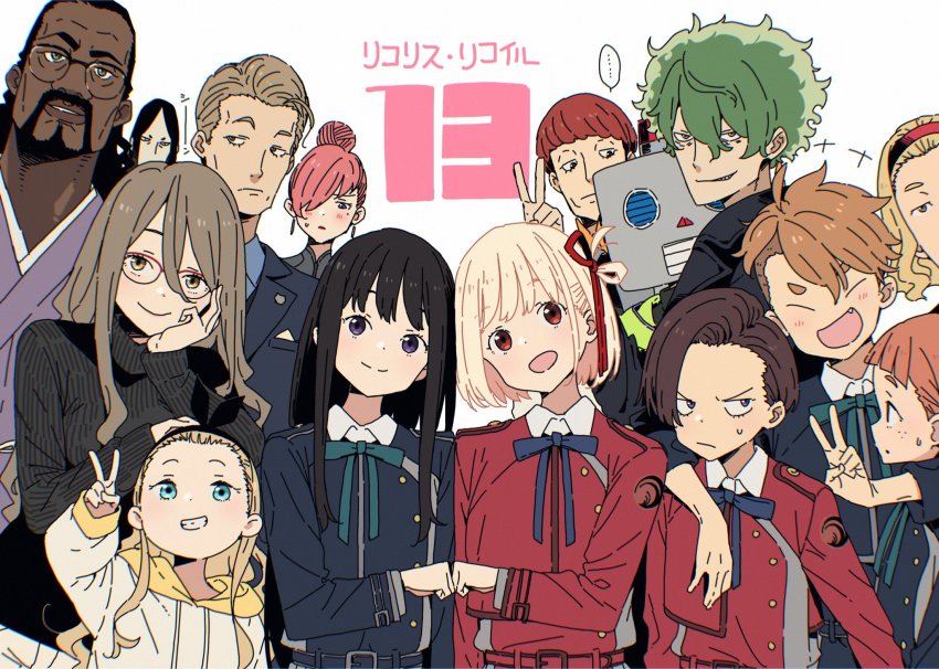 +++ ... 6+boys 6+girls :d ^_^ annoyed aqua_bow aqua_eyes arm_up beard belt black_hair black_hairband blonde_hair blue_bow blush bow breasts brown_hair buttons closed_eyes closed_mouth collared_shirt copyright_name dark-skinned_male dark_skin denim dress earring_request earrings end_card episode_number everyone facial_hair fang fist_bump flat_chest formal_clothes furrowed_brow glasses green_eyes green_hair grin hair_between_eyes hair_bun hair_over_one_eye hairband hand_on_own_face hand_up harukawa_fuki height_difference highres himegama_(lycoris_recoil) hood hoodie imigimuru inoue_takina janome_erika_(lycoris_recoil) jeans jewelry jitome kagari_hibana_(lycoris_recoil) kurumi_(lycoris_recoil) kusunoki_(lycoris_recoil) laughing light_blush light_brown_hair light_smile long_eyelashes long_hair looking_afar looking_at_another looking_at_viewer looking_away looking_down looking_up lycoris_recoil lycoris_uniform majima_(lycoris_recoil) mature_female mature_male messy_hair mika_(lycoris_recoil) mole mole_under_eye multiple_boys multiple_girls nakahara_mizuki naked_hoodie nishikigi_chisato official_art open_mouth orange_hair otome_sakura outline pants parted_bangs partially_translated pink_hair pinstripe_pattern pinstripe_sweater purple_eyes red_eyes red_hair red_hairband red_outline robot robota_(lycoris_recoil) sanpaku shiny_clothes shirt short_hair sidelocks sideways_glance silent_jin simple_background small_breasts smile sound_effect_request spoken_ellipsis striped suit sweatdrop sweater swept_bangs thick_eyebrows thick_lips translation_request tsurime turtleneck turtleneck_sweater two-tone_dress two-tone_eyewear upper_body v white_background yellow_eyes yoshimatsu_shinji zipper
