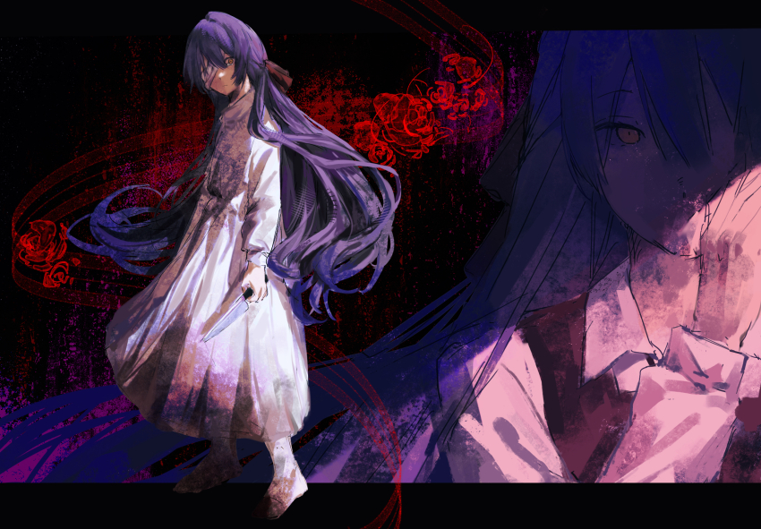1girl abstract_background bandage_over_one_eye bandages blood bow closed_mouth commentary dress ellen_(majo_no_ie) from_side hair_between_eyes hair_bow highres holding holding_knife knife letterboxed long_hair looking_at_viewer majo_no_ie nightgown purple_hair red_dress red_eyes sketch solo user_hkcj3875 very_long_hair white_nightgown