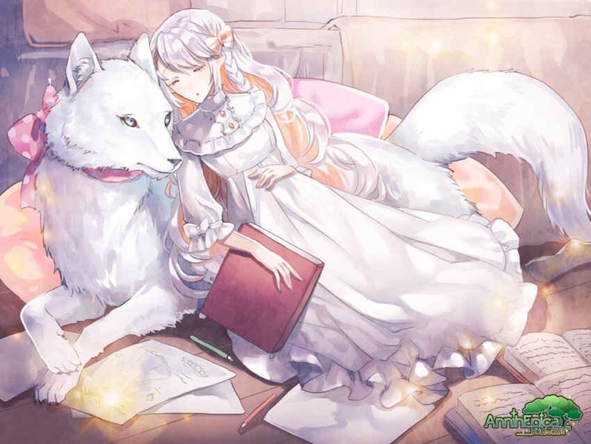 1girl :o alpaca_connect animal annih_epica bed bedroom black_pantyhose book bow braid clona closed_eyes colored_inner_hair copyright_name cushion drawing_(object) dress frilled_dress frilled_sleeves frills full_body hair_bow hand_on_own_stomach holding holding_book indoors leaning_on_animal long_hair multicolored_hair on_floor open_book orange_bow orange_hair oversized_animal pantyhose paper pencil pink_bow pointy_ears polka_dot polka_dot_bow side_braid sleeping three-quarter_sleeves solo striped_bow swept_bangs white_bow white_dress white_wolf wolf wooden_floor