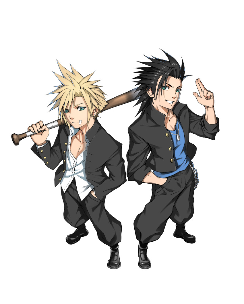 2boys absurdres baggy_pants bandaid bandaid_on_cheek bandaid_on_face baseball_bat belt_chain black_hair black_jacket black_pants blonde_hair blue_eyes blue_shirt closed_mouth cloud_strife cloud_strife_(midgard_seventh_high_school) collarbone collared_shirt commentary_request delinquent final_fantasy final_fantasy_vii final_fantasy_vii_ever_crisis from_above full_body gakuran grin hand_in_pocket highres holding holding_baseball_bat jacket jewelry looking_at_viewer multiple_boys necklace official_alternate_costume open_clothes open_jacket pants partially_unbuttoned school_uniform shirt short_hair smile spiked_hair standing white_background white_shirt zack_fair zack_fair_(midgard_seventh_high_school) zupakyo