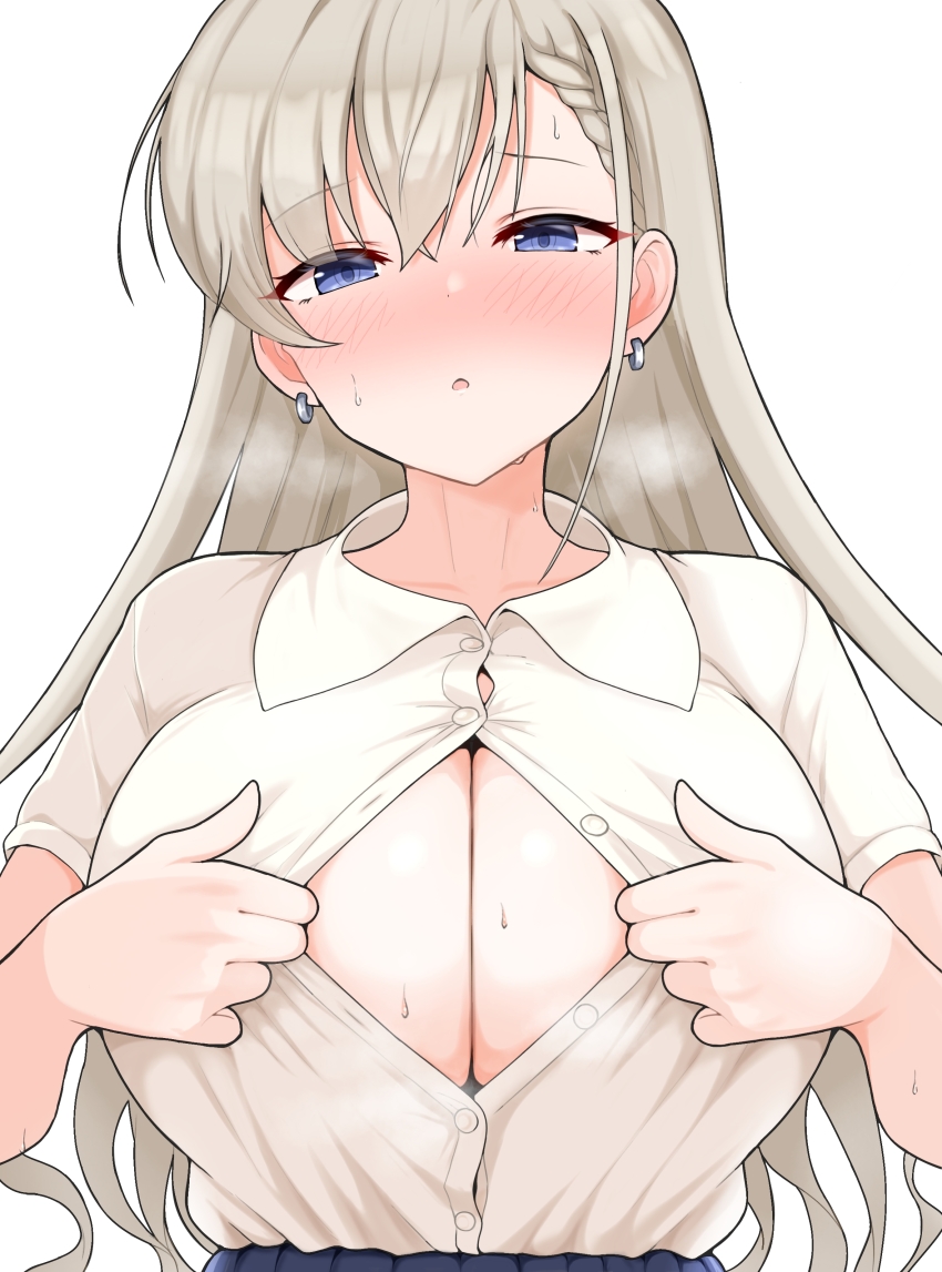 1girl absurdres blue_eyes blush braid breasts cleavage_cutout clothing_cutout collared_shirt earrings grey_hair highres hisakawa_hayate idolmaster idolmaster_cinderella_girls jewelry large_breasts long_hair looking_at_viewer paizuri_invitation raindrop746079 shirt simple_background solo sweat white_background white_shirt