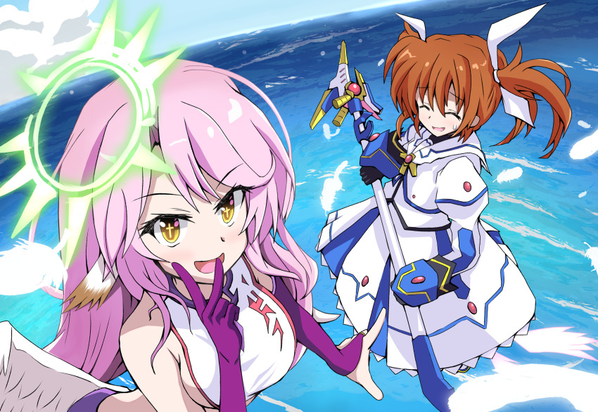 2girls breasts crossover feathers fingers_to_mouth halo highres holding holding_staff jibril_(no_game_no_life) long_hair lyrical_nanoha mahou_shoujo_lyrical_nanoha mahou_shoujo_lyrical_nanoha_the_movie_1st medium_breasts multiple_girls no_game_no_life ocean pink_hair popo_rinngo raising_heart raising_heart_(cannon_mode) sideboob skirt spiked_halo staff sweatdrop takamachi_nanoha takamachi_nanoha_(movie_1st_mode) tamura_yukari voice_actor_connection weapon white_skirt wing_ears wings yellow_eyes