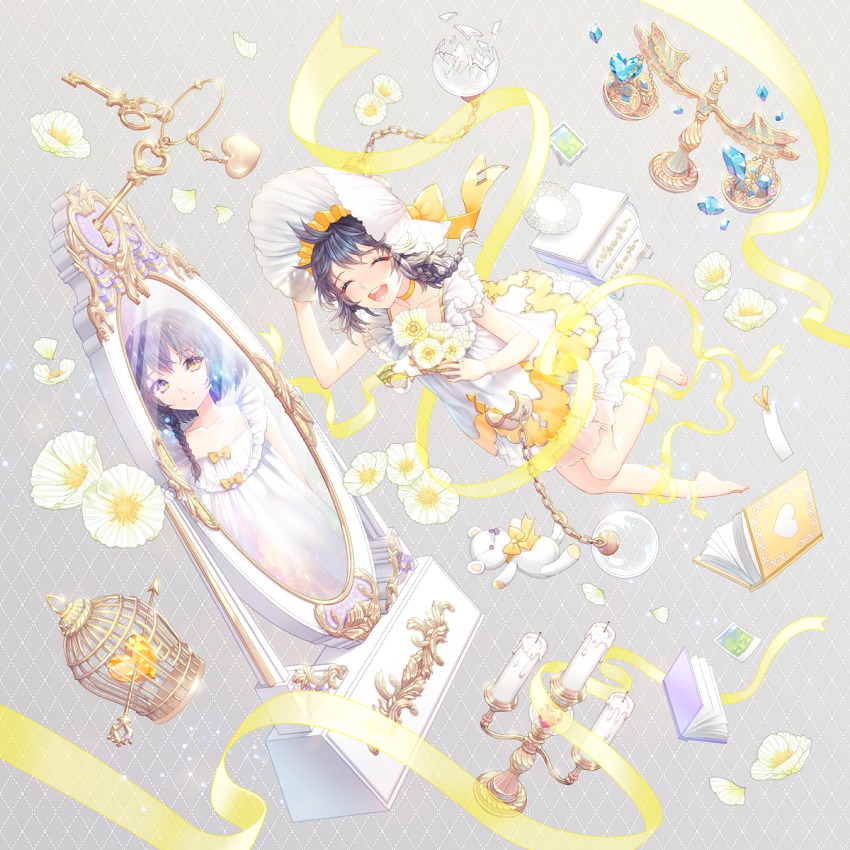 1girl :d ^_^ arrow_(projectile) barefoot black_hair book braid brown_eyes cage candle candlestand charm_(object) closed_eyes collarbone dress dual_persona female_focus flower hair_ribbon hat heart highres key legs mirror open_mouth original ribbon saban smile solo stuffed_animal stuffed_toy teddy_bear